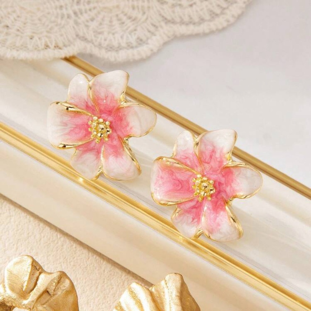 Floral Pink and Gold CLIP Earrings